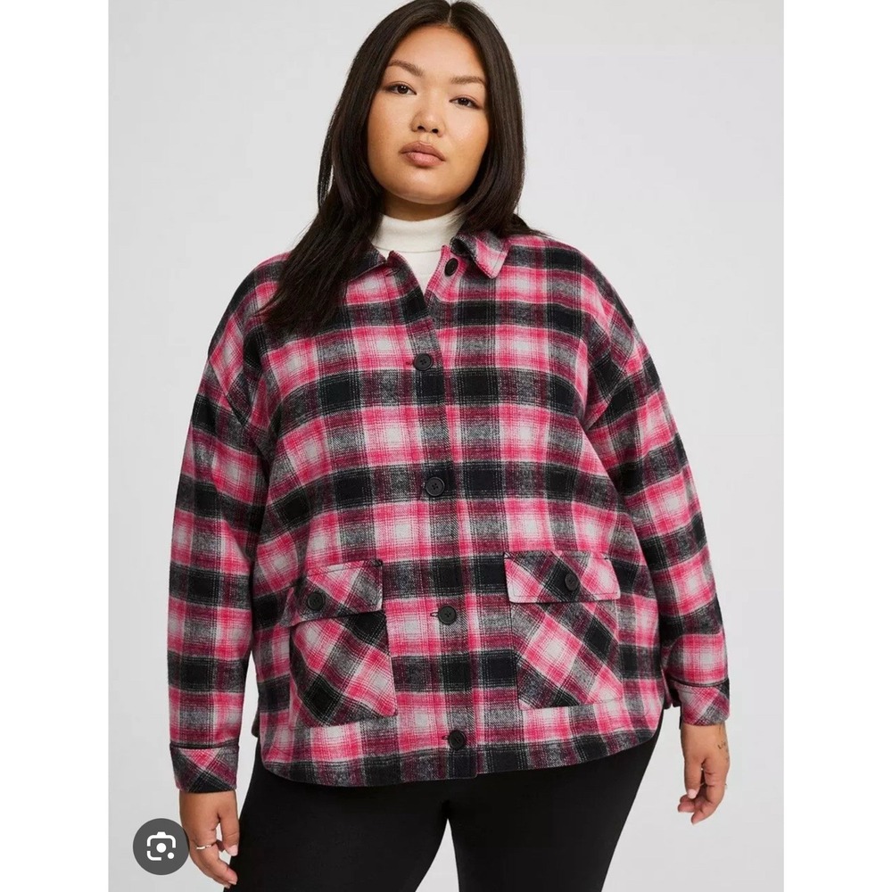 NWT Torrid Jonnie Pink Black‎ Plaid Flannel Coat Knee Plus Size 4XL Double Knit